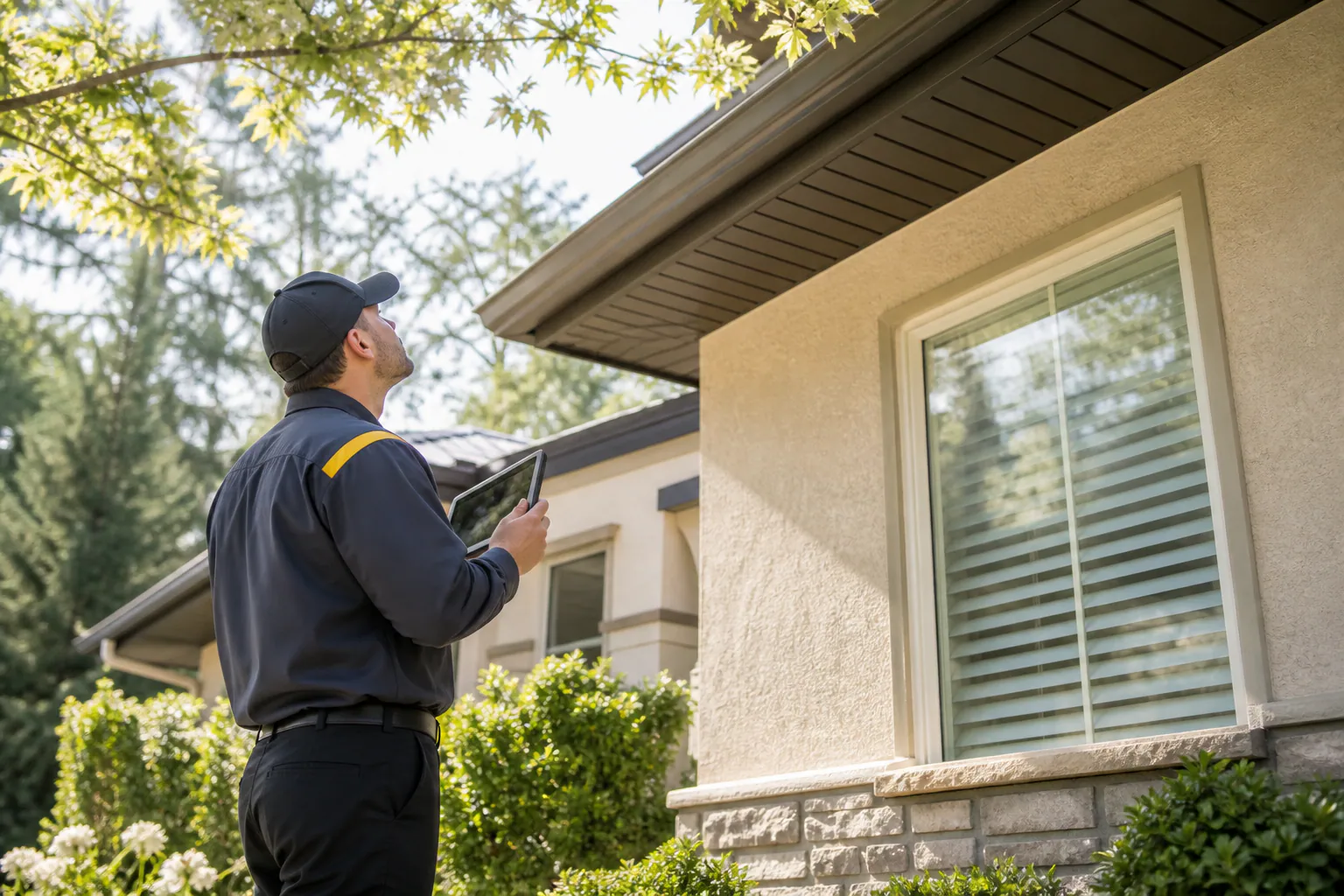 A professional inspecting exterior eaves from ground level.