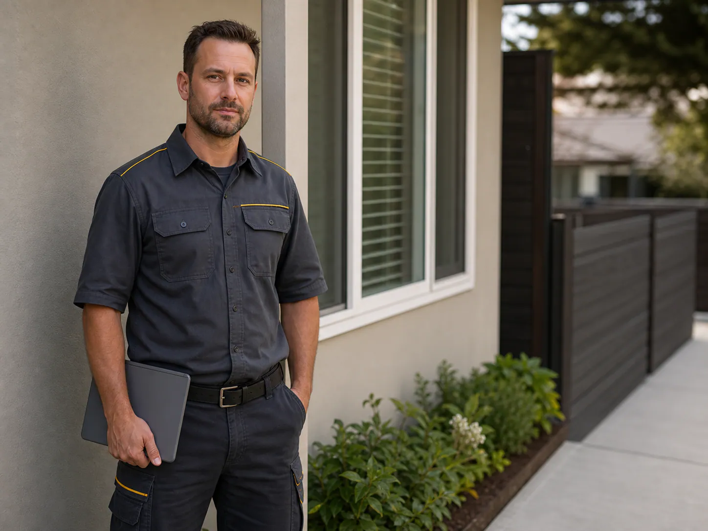 A pest-control owner inspecting an exterior entry point beside a home.