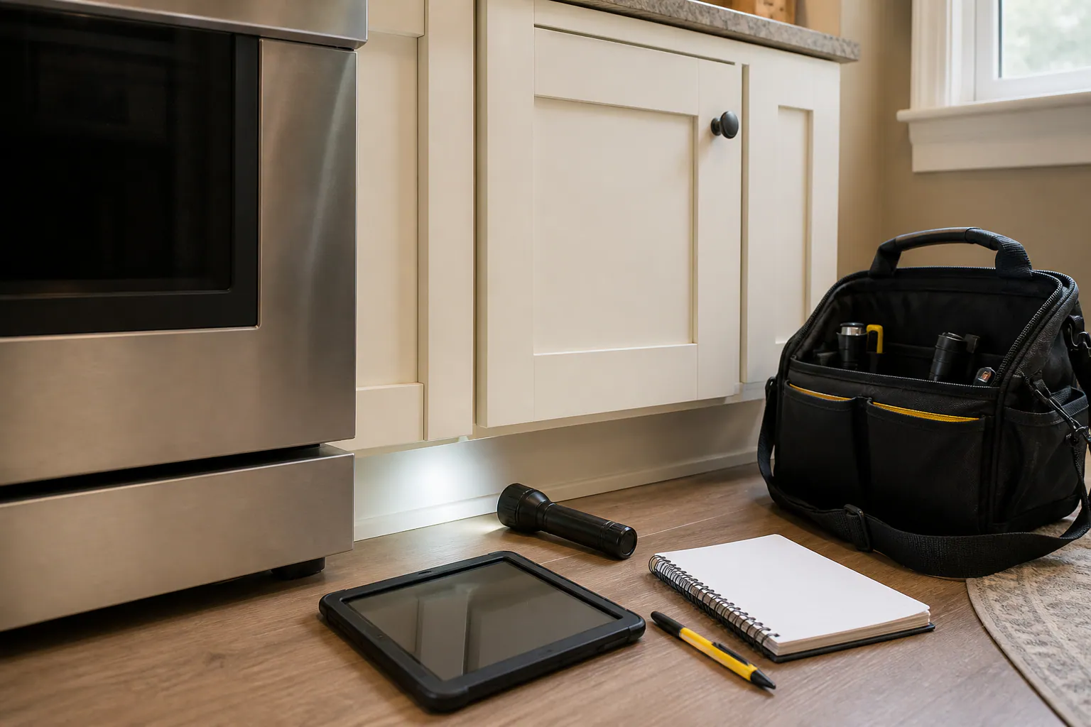 A documented kitchen assessment with inspection notes and tools.