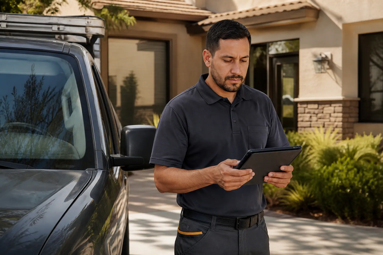 A pest-service report being completed after an exterior visit.